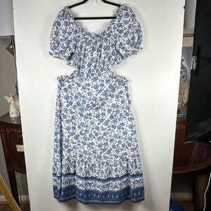 By the river Sz L NWT Maxi Blue&White side cut outs ruffle hem puffy sleeves
